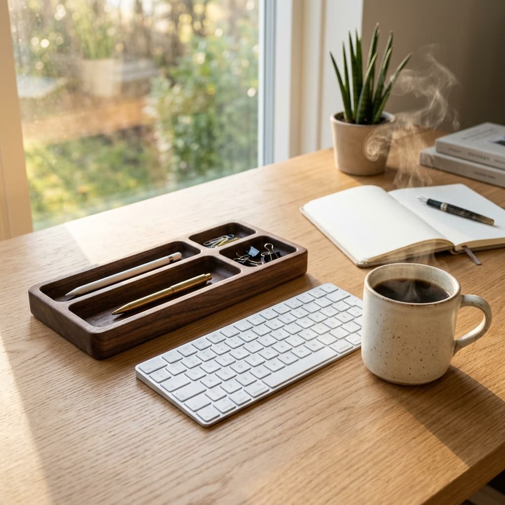 Minimalist Solid Walnut Desk Organizer lifestyle detail